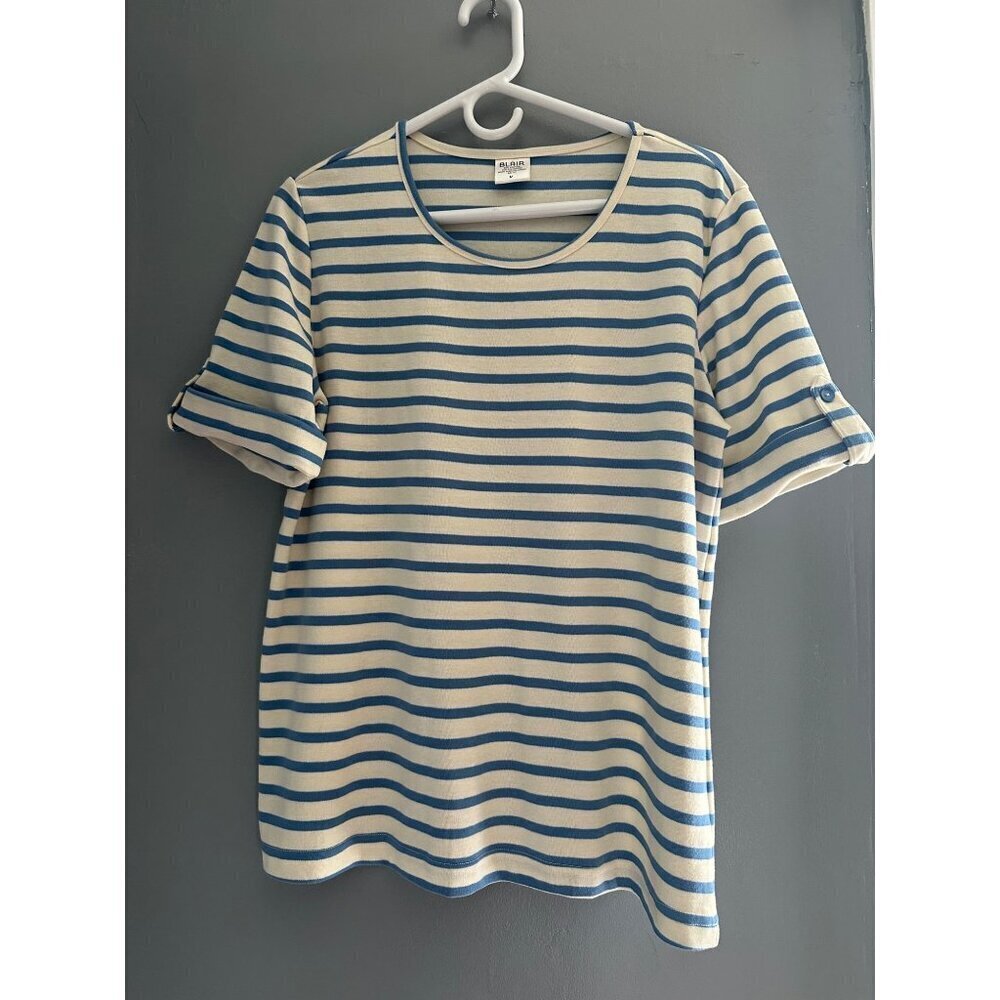 Blair Striped Boxy Blouse M Coastal Casual Tee Style Flowy Nautical Top VTG Y2K